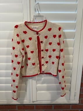 Jessica Simpson Cream Crochet Cardigan with Red Heart Motif